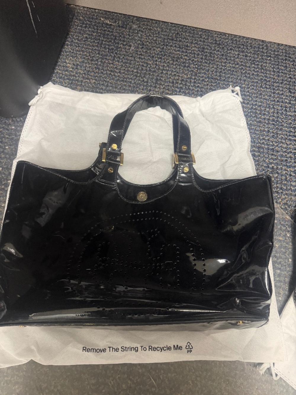 Tory Burch Medium Black Patent Leather Perforated Leather Tote  Bag